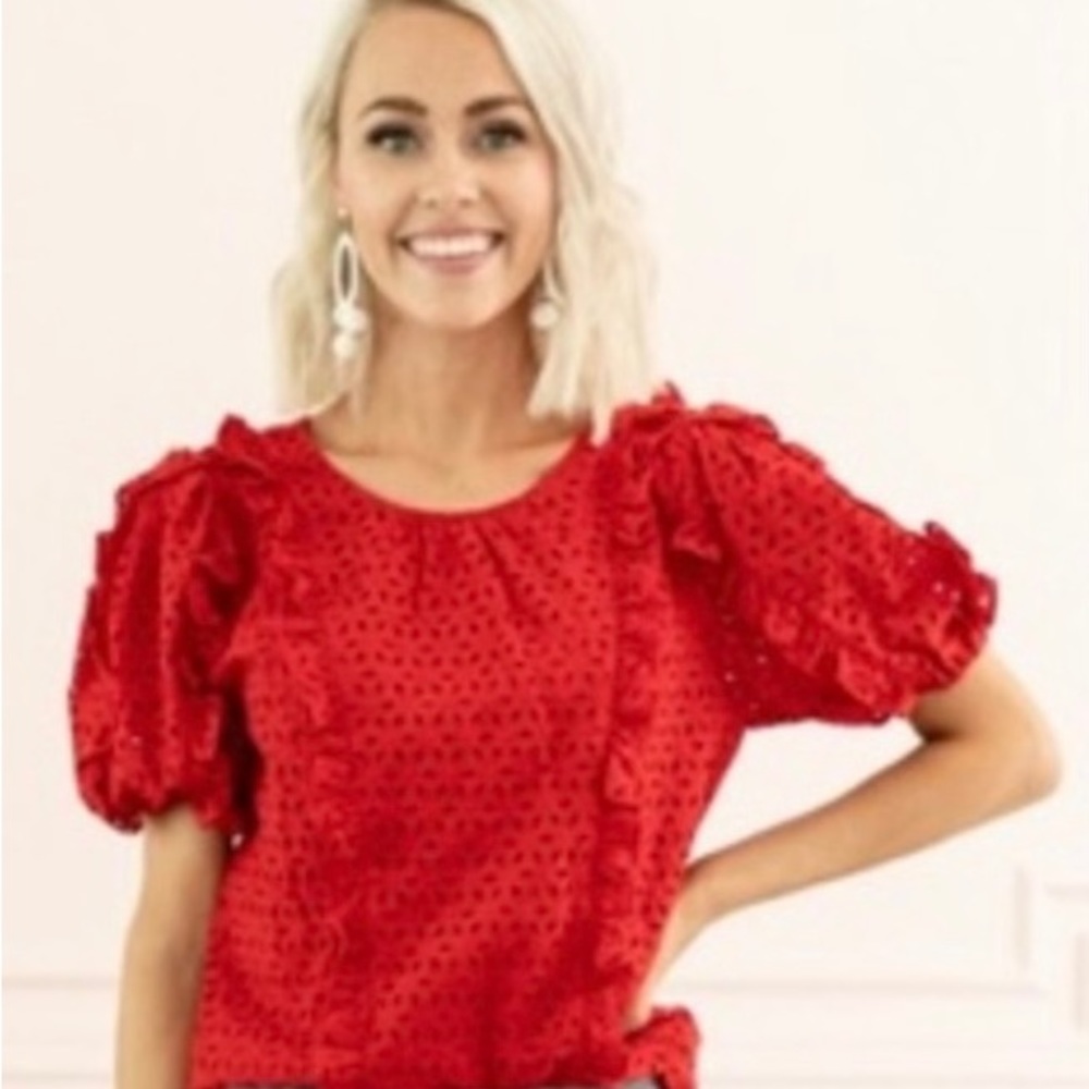 Rachel Parcell Red Ruffle Floral Eyelet Puffy Sleeves Top